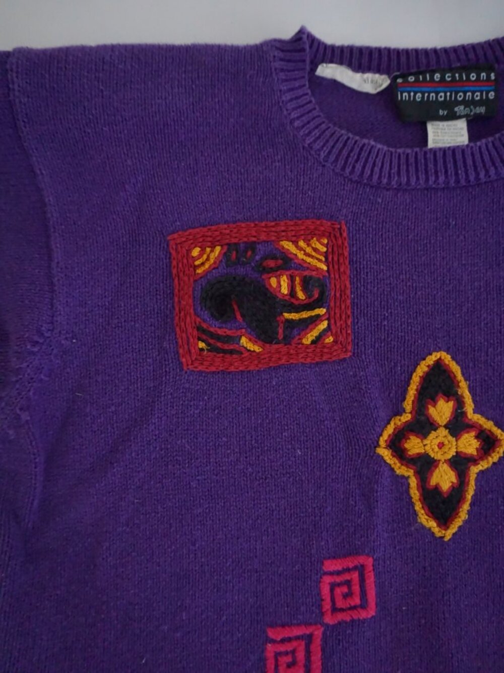 Vintage Collections Internationale Purple Floral Geometric Cotton Sweater XL - Picture 9 of 10